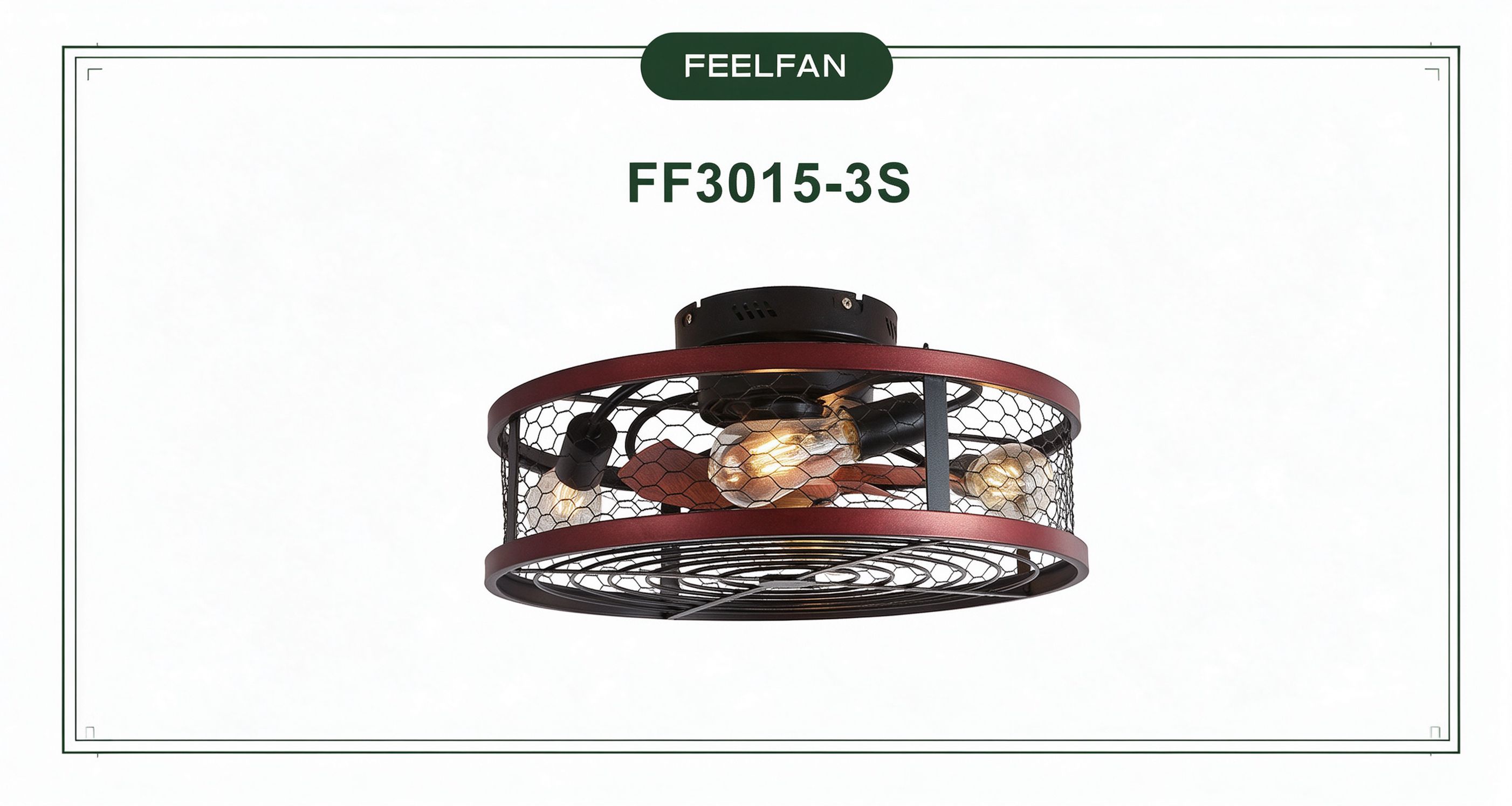 FEELFAN FF3015-3S 3-Blade Caged AC Ceiling Fan with Light variant 4 — Red